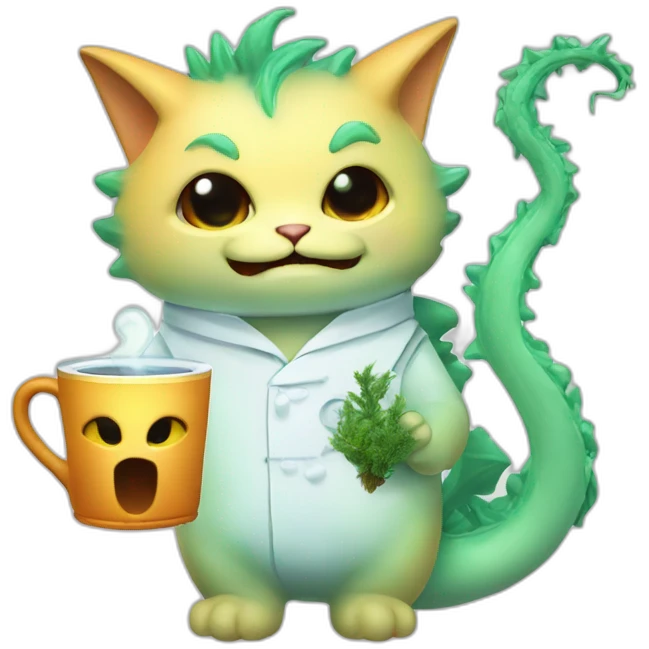 Cat dragon ghost -scientist-with cup tea and tree emoji