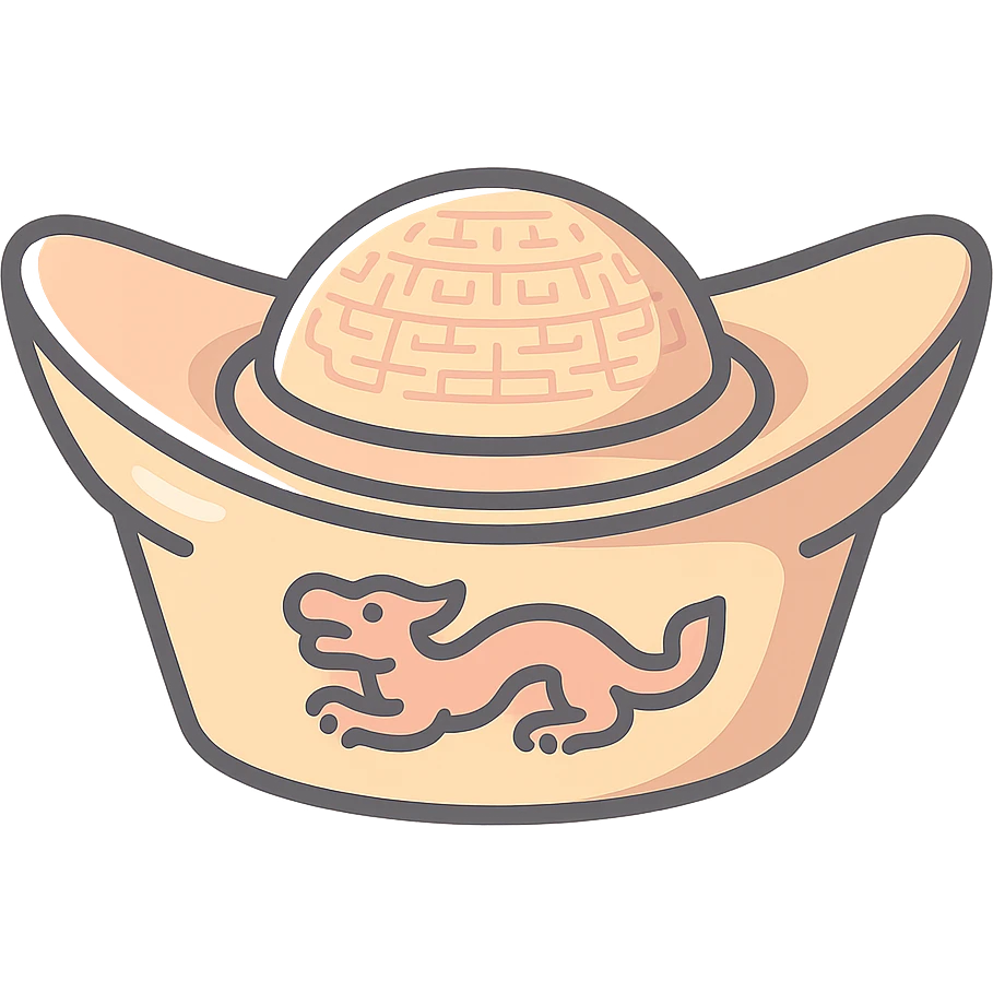 Create an elegant Chinese gold ingot (yuanbao) in icon-color-outlined style with shadows and highlights, thin clean contours, soft rounded shapes. Use a pastel palette: #98B5BC, #B5B3C1, #C9A3C9, #E4C0CA, #F7DCD1, #F7C0AA. Modern Japanese pop-art and sticker aesthetics, high detail, vector sharpness, soft lighting, transparent background. Shape and decoration as in the reference. emoji