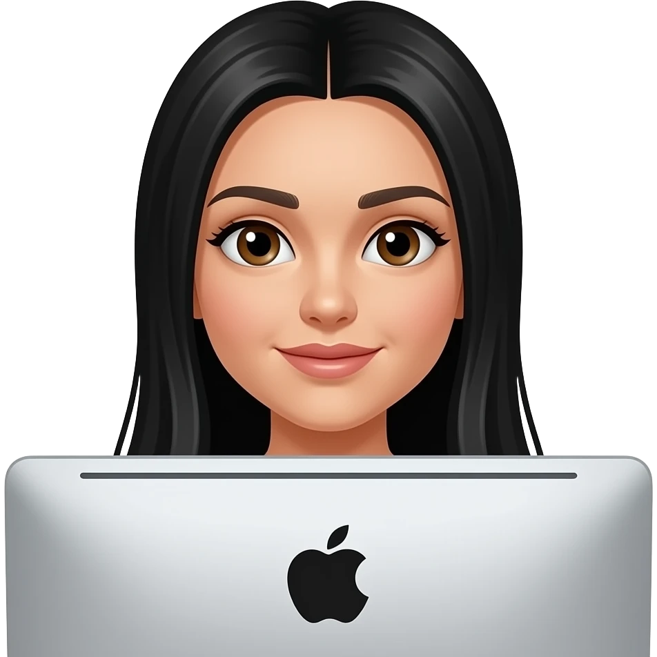 Chica emoji cejas gruesas pelo largo largo y negro liso, ojos cafés frente a una computadora apple emoji