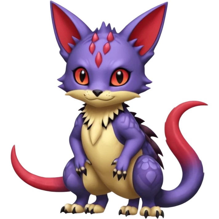 Shy cute with red markings, scaley scaly batty feline-like quadrupedal digitigrade furry feral Bastet-Noibat-Gatomon-Garchomp-Digimon-Fakémon-Pokémon-creature (full body) emoji