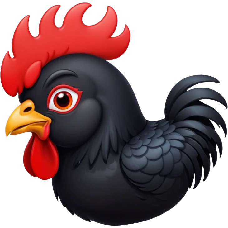 Cinematic Cute Black Rooster Portrait Emoji, Head tilted playfully and inquisitively, featuring a glossy, immaculate black plumage with a vibrant red comb, round, sparkling eyes filled with curiosity, Simplified yet irresistibly adorable features, highly detailed, glowing with a warm, friendly glow, high shine, affectionate and spirited, stylized with a touch of farmyard whimsy, bright and endearing, soft glowing outline, capturing the essence of a mischievous yet loving rooster, so playful it feels like it could strut out of the screen and into your arms! emoji