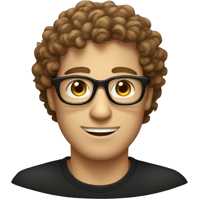 A medium white guy with Italian and Brazilian characteristics, thin nose, curly waved hair, using a classic brown glasses, dressed in black t-shirt,  emoji