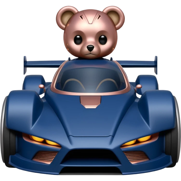 Real-proportional dark blue and rosegold-accented  racing car for furry-faced  evil alien scary robot teddy bear with rear spoiler (Star Wars style) emoji