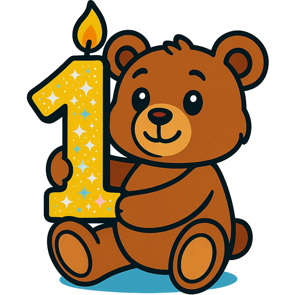brown teddy holding sparkly number "1" candle, vibrant-toon style, transparent background emoji
