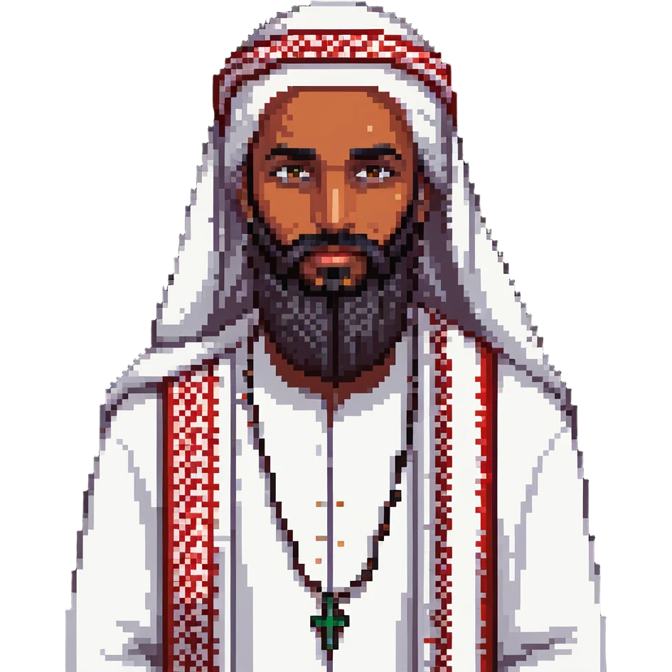 Saudi man with wide beard, sharp features, white thobe, red shemagh, friendly expression, pixel art inspired emoji