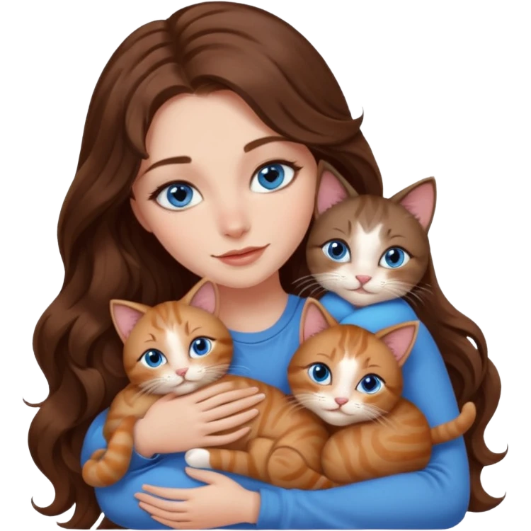 girl with long wavy brown hair, blue eyes, long lashes makeup, cuddling with 6 cats emoji