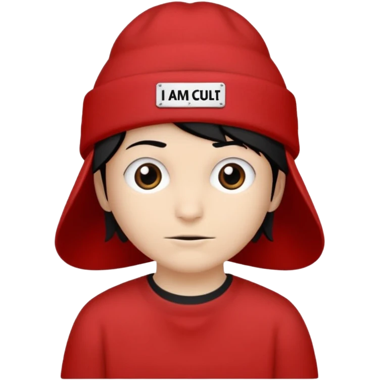 Red hat that says "I AM IN A CULT" in white text emoji