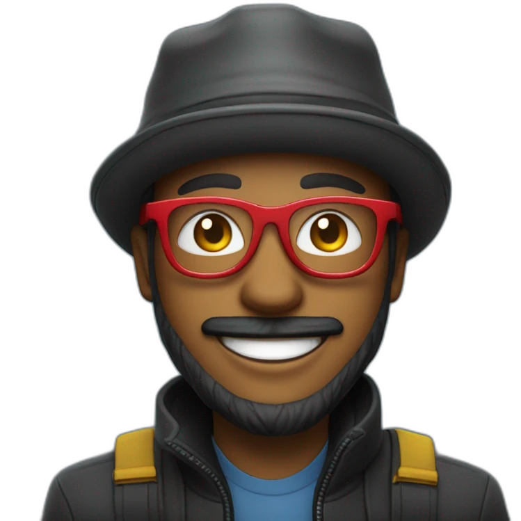 hombre , con gafas oscuras negras, sonriendo y con un gorro que tiene los colores amarillo,azul y rojo emoji