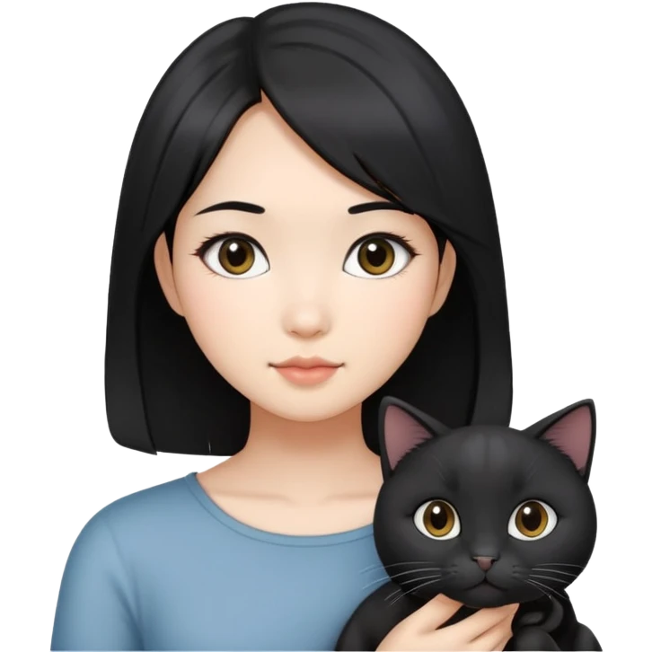 An Asian girl with shoulder-length black hair, slightly grey highlights. Holding two black cats. One with big round face, another one with slightly slimmer face.  emoji
