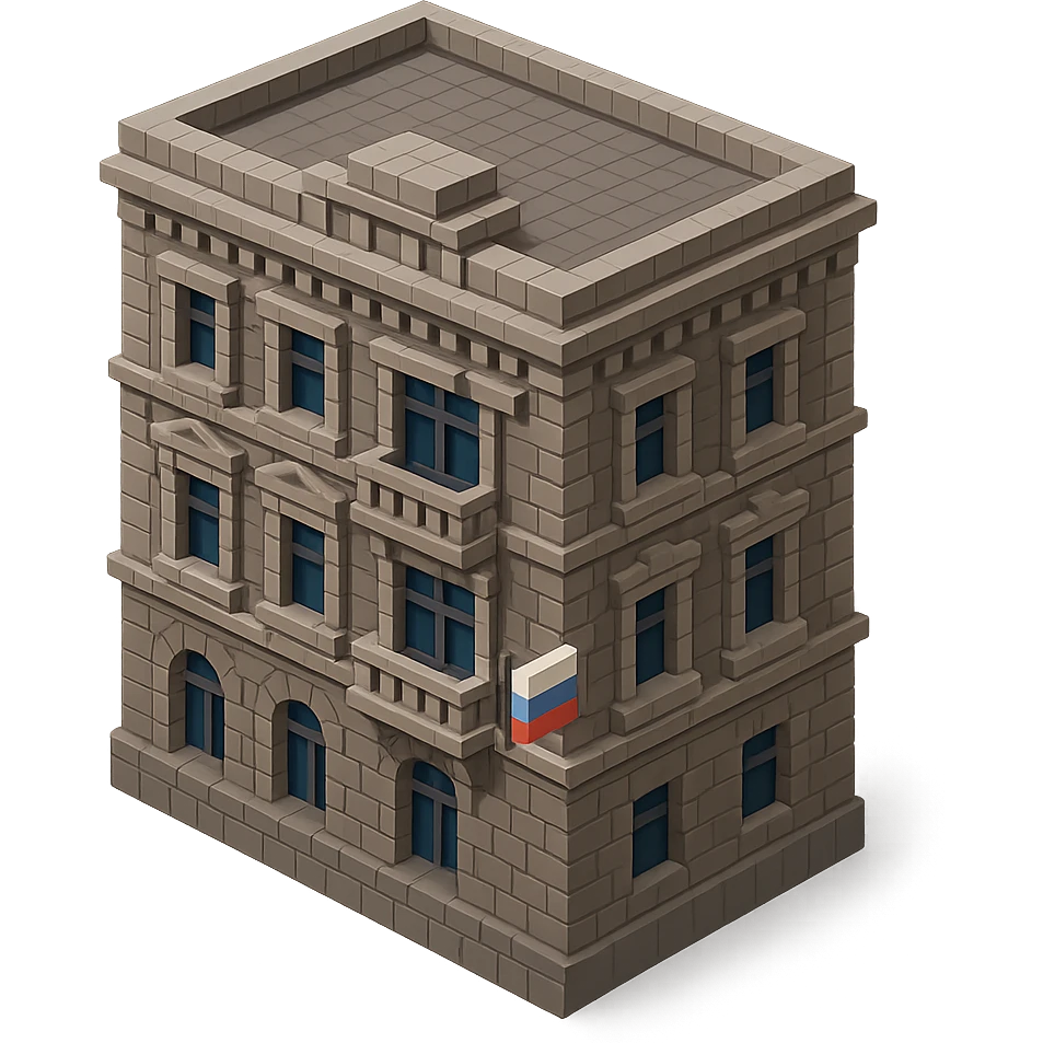 voxel style old Saint Petersburg building, gray-brown tones, ornate facade, Russian flag hanging from one window or balcony, isometric view emoji
