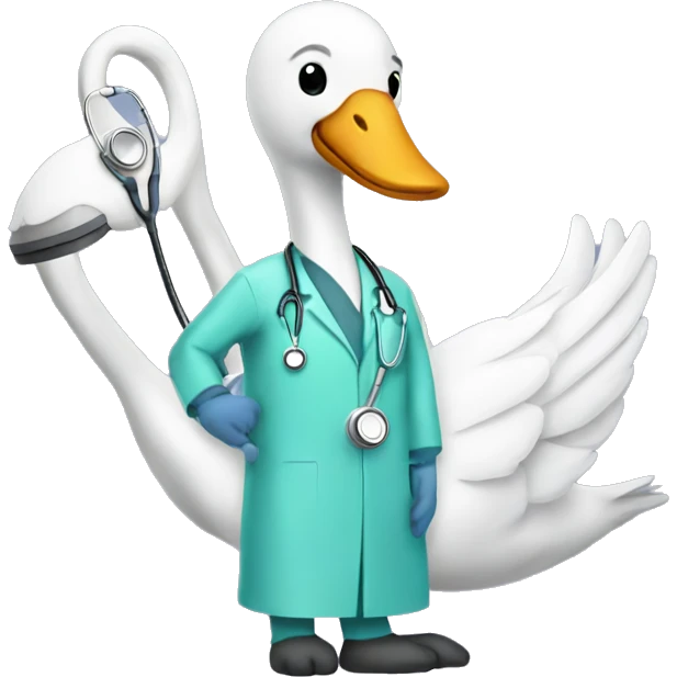 a swan with a surgeon costume and a stethoscope emoji