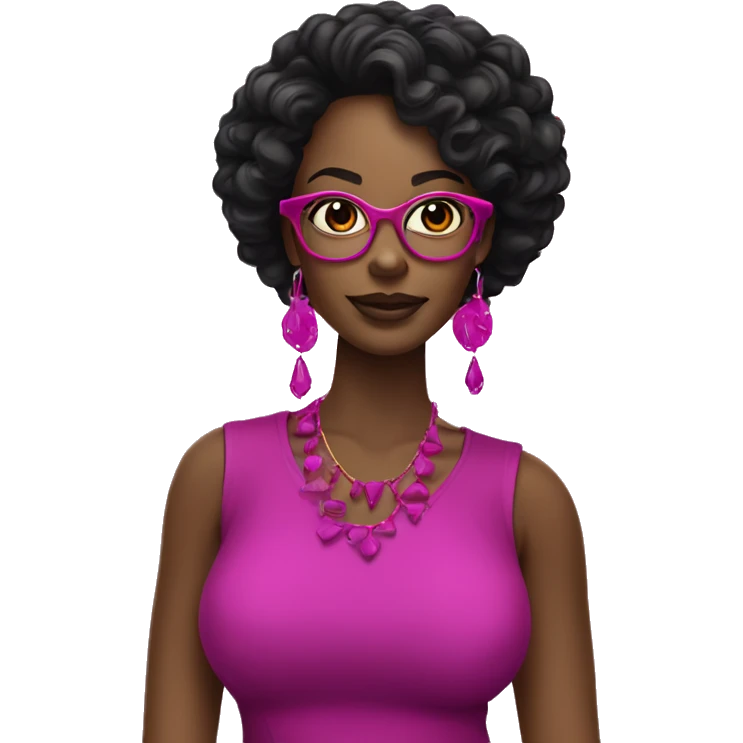 black women with earrings with fuchsia glasses with long black curly hair emoji