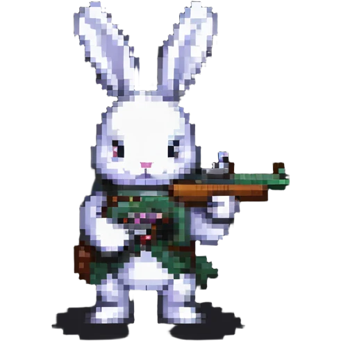 A pixel art rabbit shooting with a gun emoji
