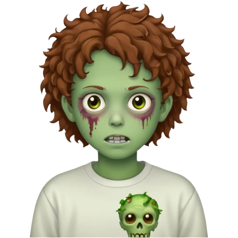  green teen zombie with brown curly hair and brown eyes wearing a white sweat emoji