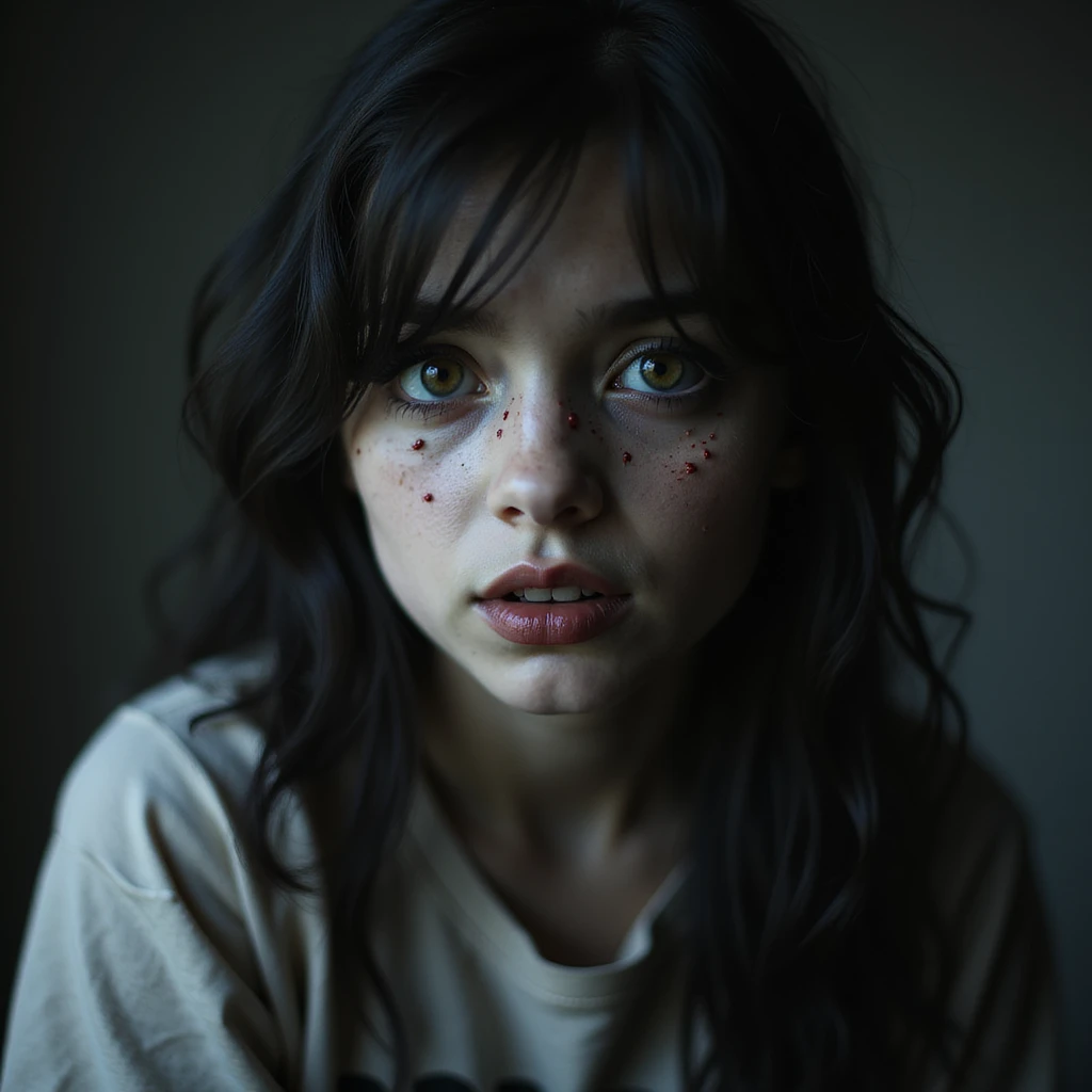 realistic horror portrait of a beautiful scary girl with supernatural beauty, unsettling expression, horror lighting, gothic style emoji