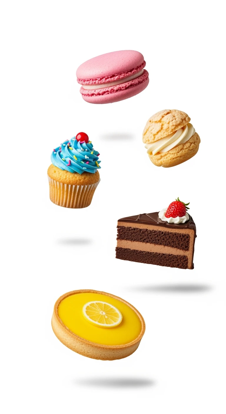 dolci che fluttuano, sfondo bianco emoji