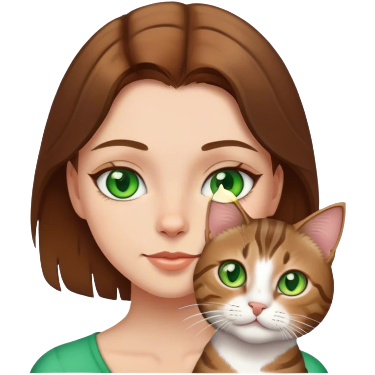 white girl with brown hair green eyes with a tabby cat emoji