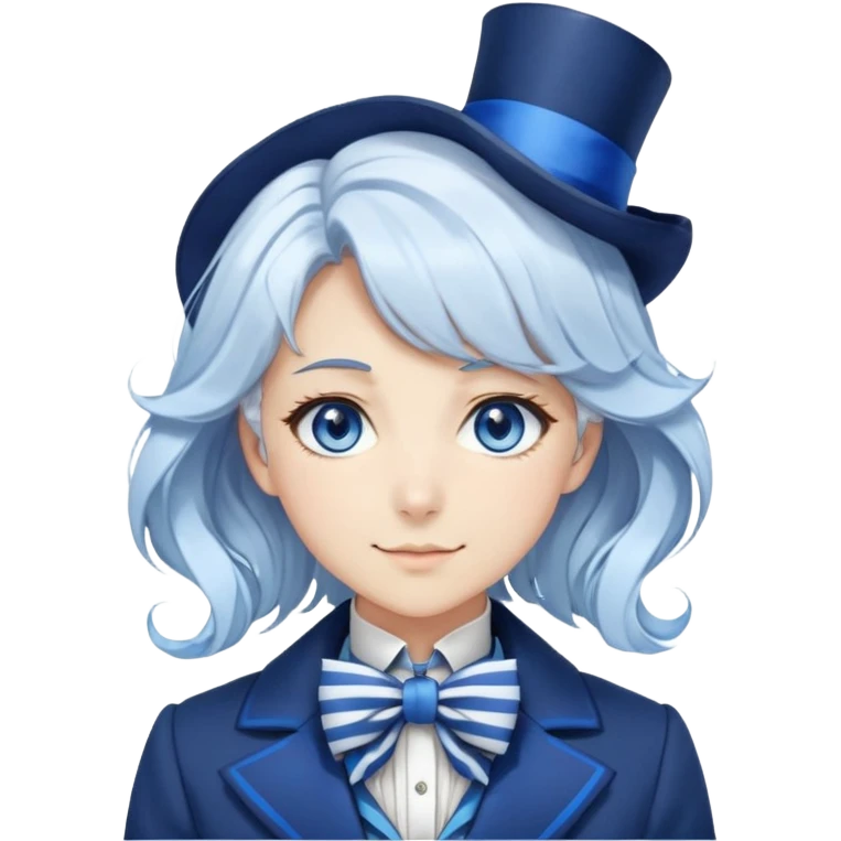 Beautiful gorgeous anime lady with white wavy hair with thin blue stripes, blue eyes, blue short top hat with a blue bow tie, smug grin, blue coat, blue cravat, white gloves emoji