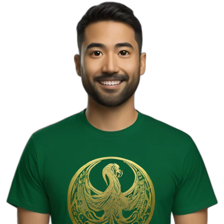 Green dark T-shirt with a gold logo of a simorgh emoji