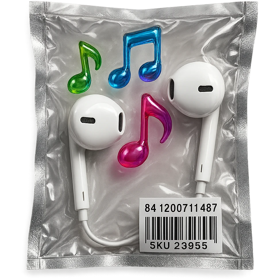 pair of white EarPods with exactly three floating multicolored glassy music notes, shiny and inflated emoji