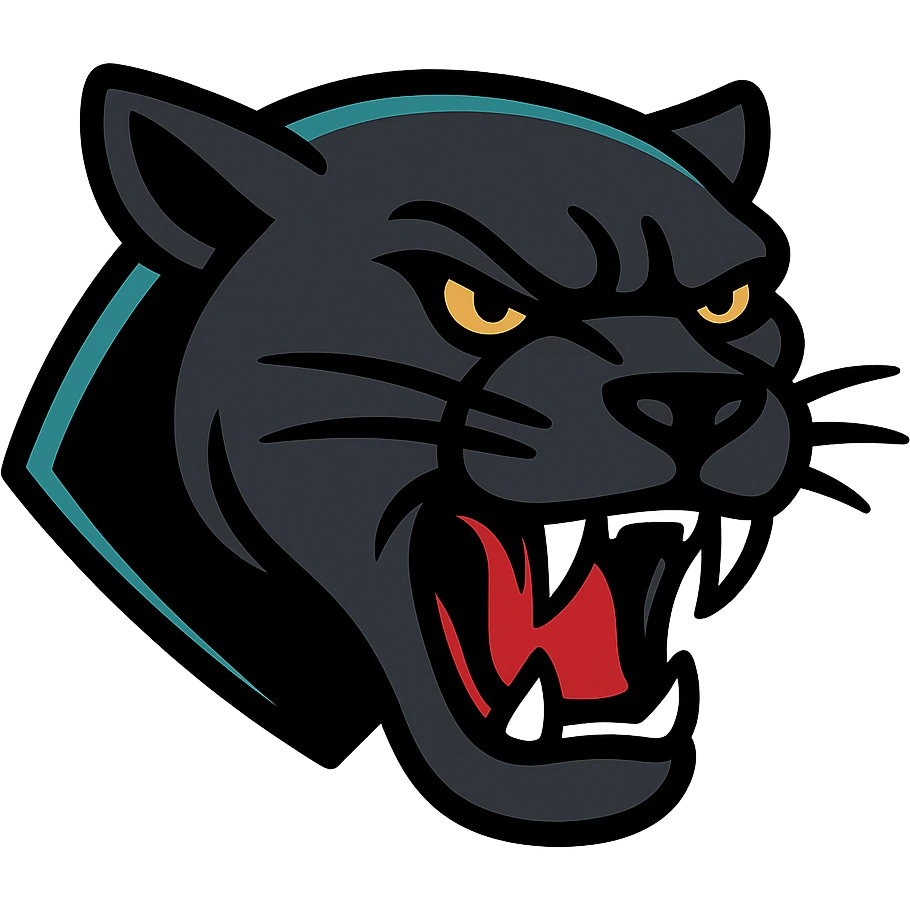 fierce panther head inspired by Penrith Panthers, black and teal colors, open mouth, sharp teeth, intense eyes, modern sports logo style, bold lines emoji