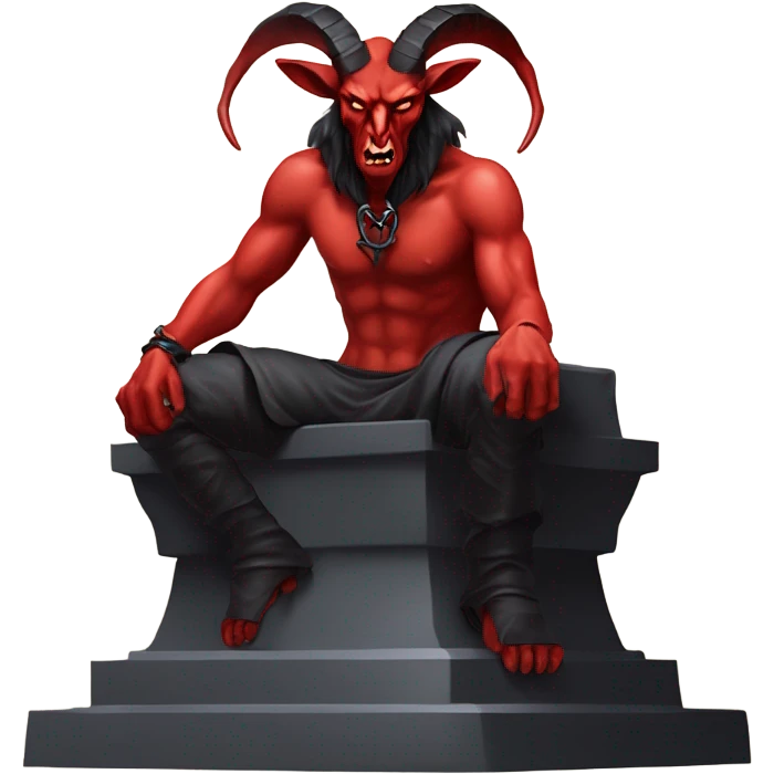 Evil Goatman male Devil sinister with red tipped horns standing with goat hind legs on pyramidal pillar  aura of darkness he is commanding sinister evil power emoji