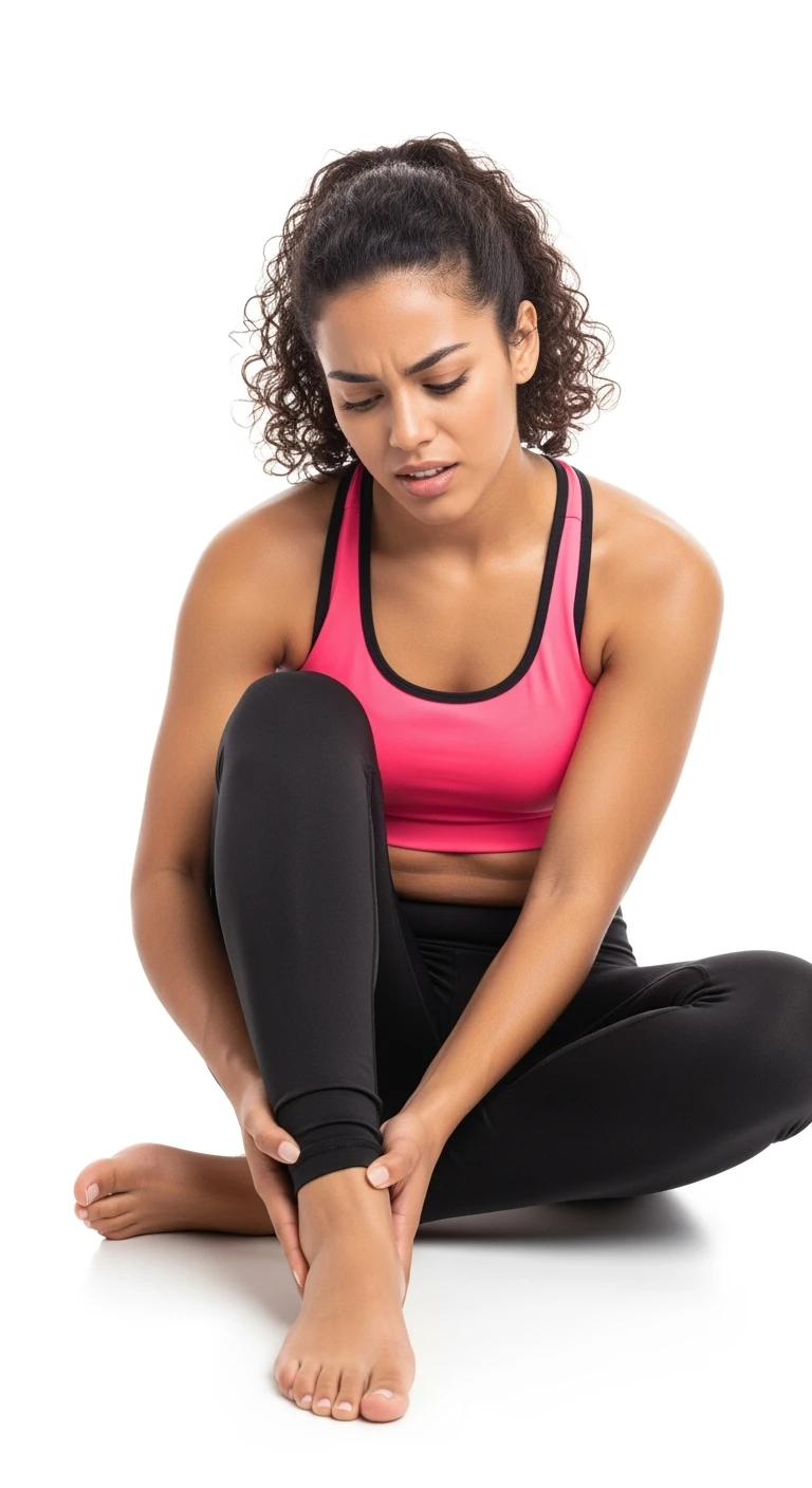 DONNA FITNESS CHE SI TIENE LE CAVIGLIE GONFIE CON ESPRESSIONE DOLORANTE IN VOLTO, ISOLATA SU SFONDO BIANCO emoji
