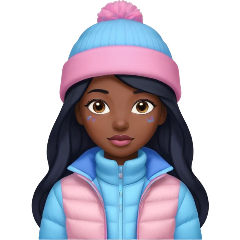 Black skin and black long hair lady with pink and blue pastel jacket and blue pastel winter hat emoji