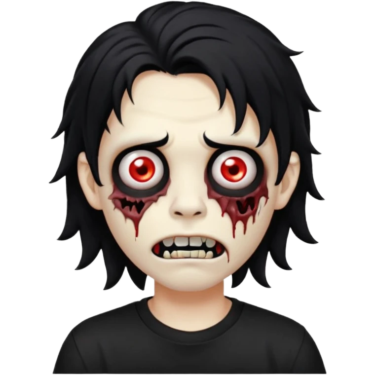 a boy with wavy hair, a zombie-shaped mouth piercing hum, and black hair with a black shirt too, and medium-length, wavy black hair, almost shoulder-length, with a lip piercing. with white skin emoji