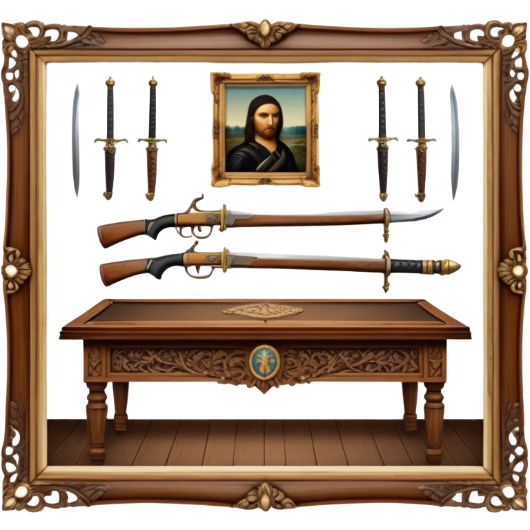 Icon for Antiques Collecting: vintage intricately carved furniture, famous paintings, antique swords, and rifles. The items are displayed on a wooden table or shelf. The icon should evoke the rich history and craftsmanship of antique collecting. Transparent background. emoji