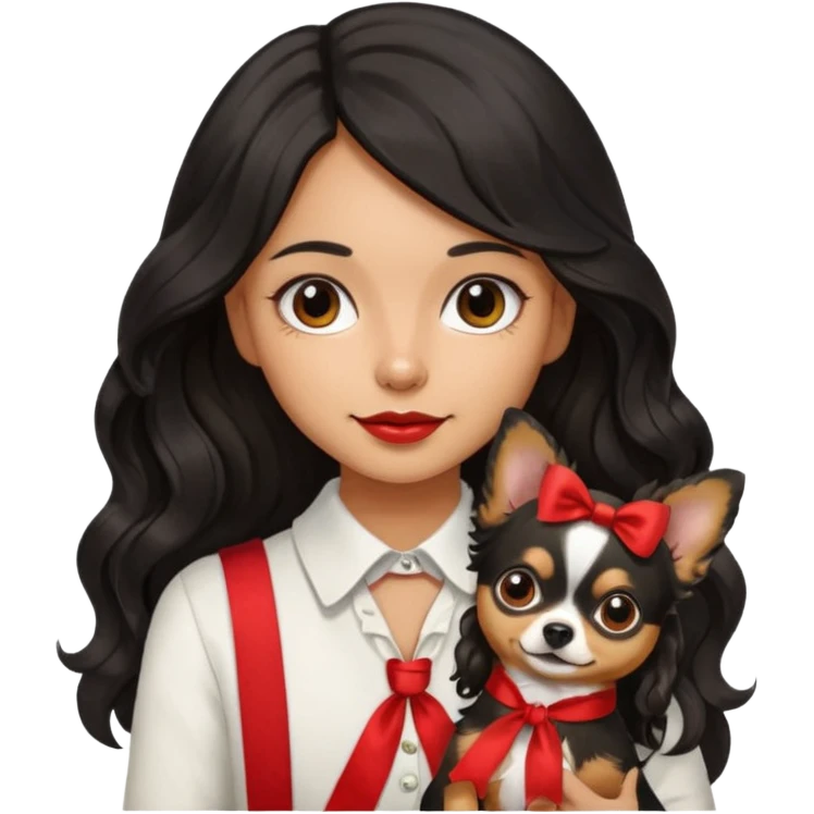 A girl with light to medium skin with olive skin tone, with long black hair with wavy bottom. Holding a chihuahua dog wearing a ribbon emoji
