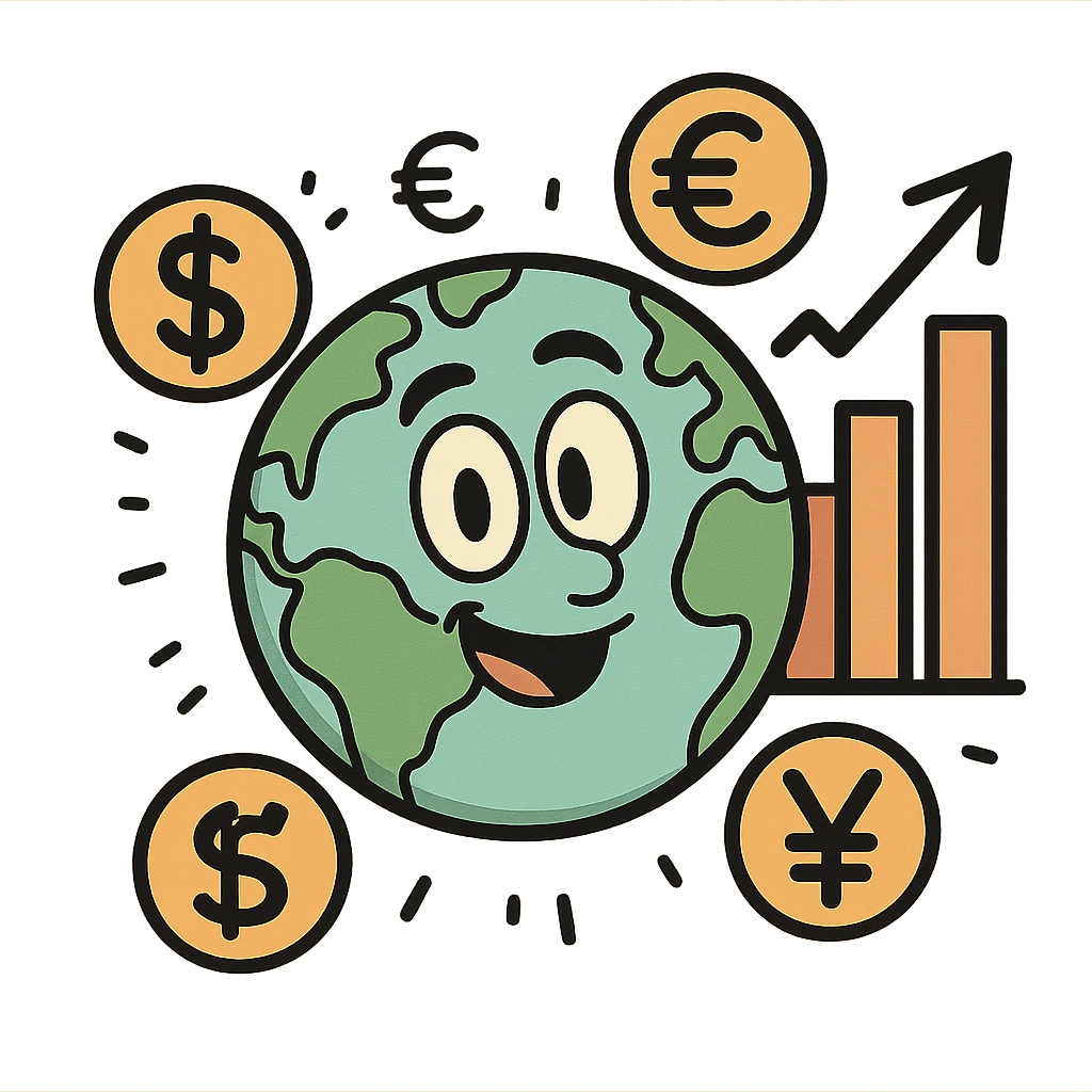 cartoon style icon for economy, featuring a globe, currency symbols, and a bar graph emoji