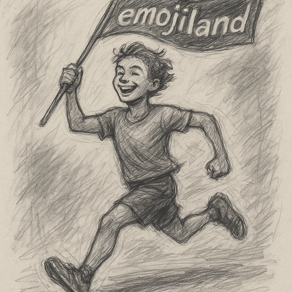 happy runner waving a flag that says 'emojiland’ emoji