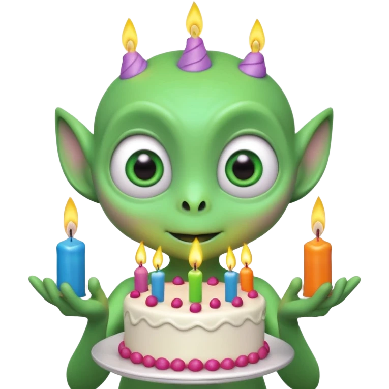 A cute friendly alien holding a birthday cake with candles, big expressive eyes, bright colors, cartoon style, playful atmosphere, 3D animated look, Pixar-inspired, highly detailed
 emoji