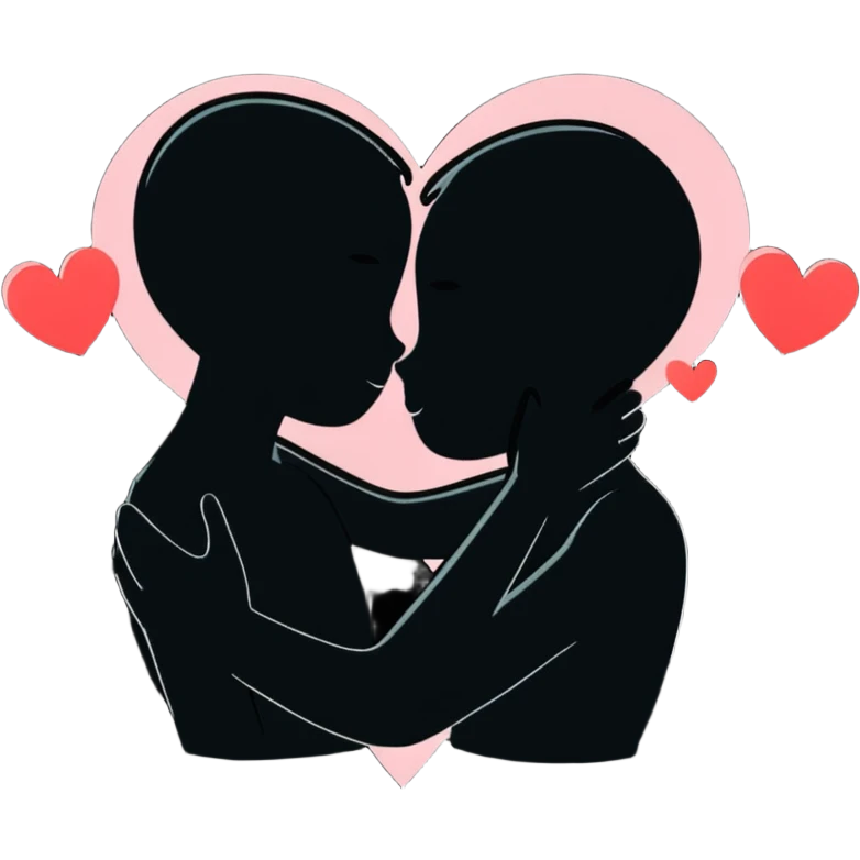 Two silhouettes embracing in a passionate moment with hearts floating around emoji