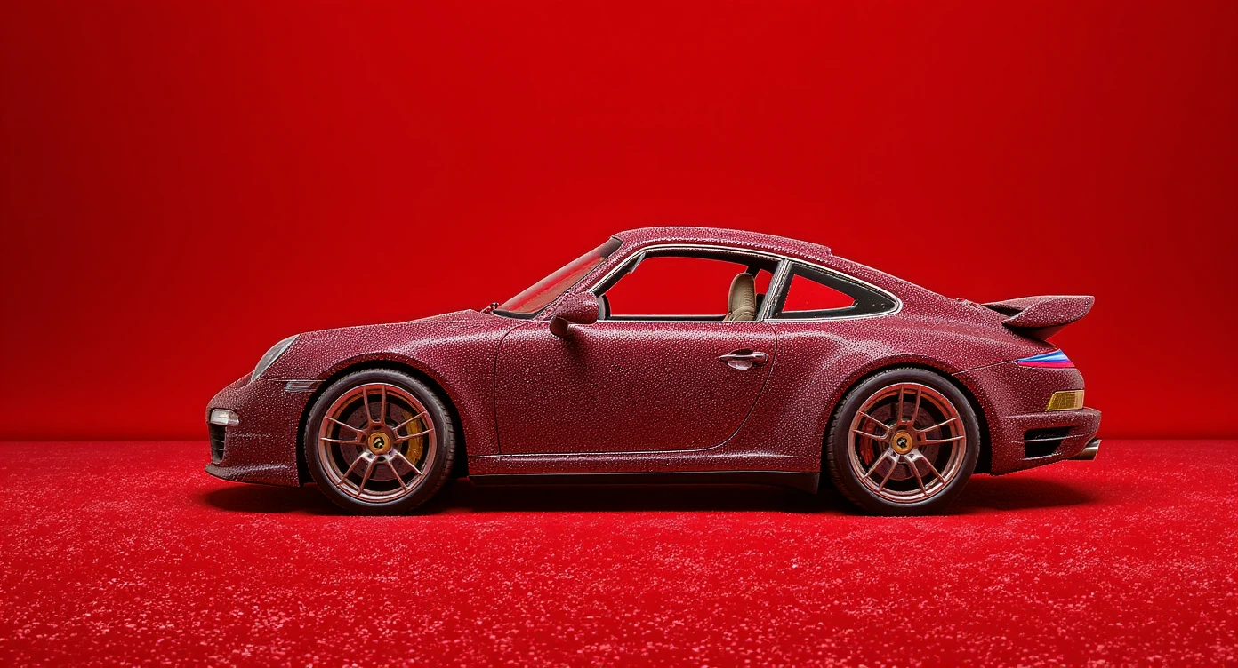 Medium shot of a porsche 911 made of carpet, red solid studio background, top soft light emoji
