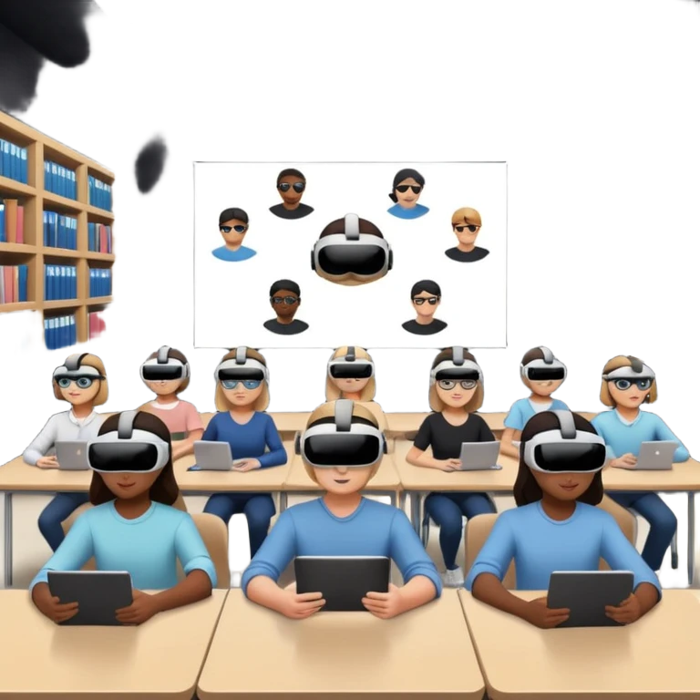 Birdseye view of large study space with students working separately add students wearing Virtual reality headsets emoji