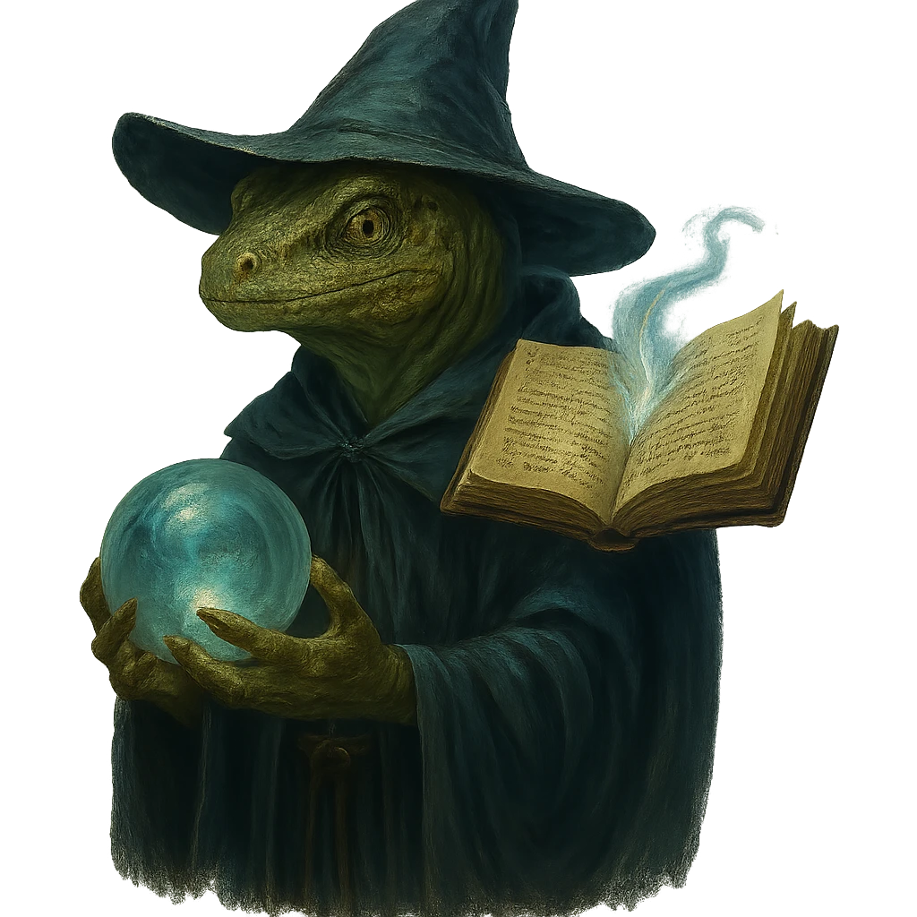 Add a floating magic book to the lizard man wizard, keeping the fantasy magical style. The image should have no background. emoji
