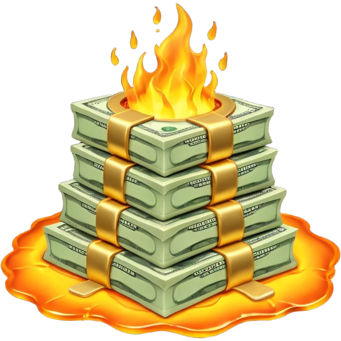 Transform the stack of money into lava money: make the bills appear to be melting and turning into glowing, molten lava with realistic textures and dramatic lighting. Keep the background transparent. The style should reflect a realistic molten lava effect with glowing and melting details. emoji