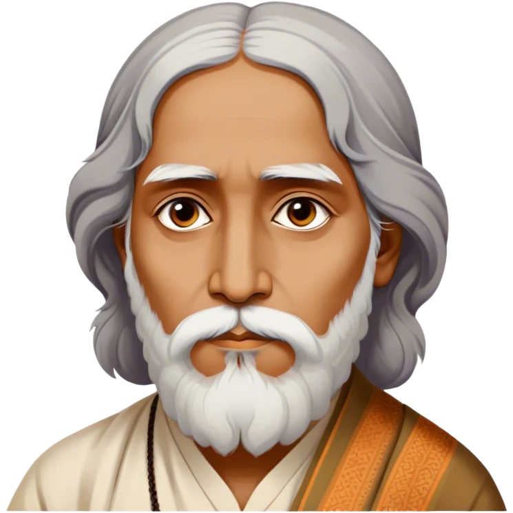 Rabindranath Tagore – Cinematic Realistic Portrait of Rabindranath Tagore, depicted with thoughtful, soulful eyes and gentle features, dressed in traditional Bengali attire with subtle artistic motifs, bathed in warm, soft lighting that evokes his poetic genius and timeless wisdom. emoji