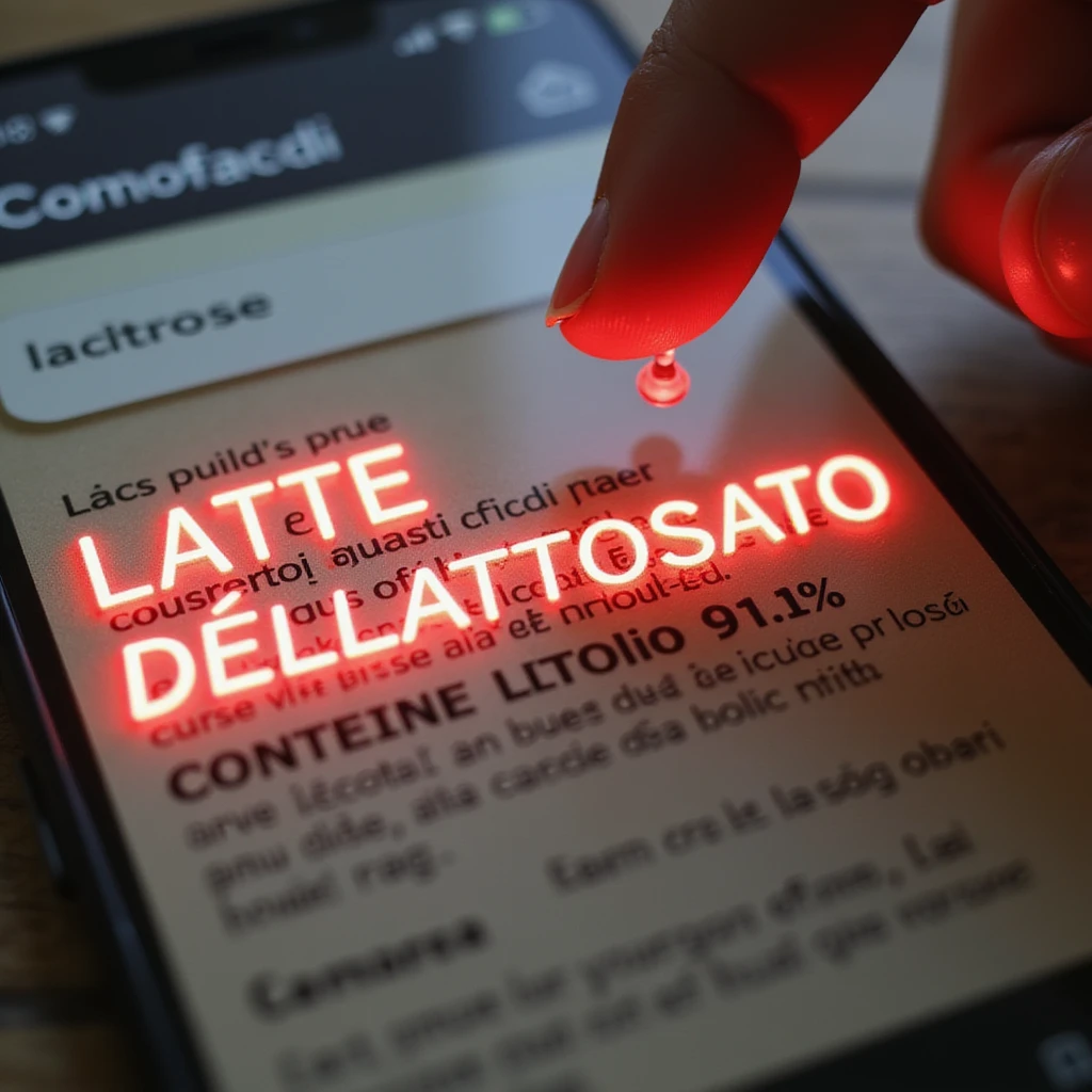 macro shot of a food label with 'LATTE DELATTOSATO (contiene lattosio <0.1%)' glowing red, a man's finger pointing at the text, phone screen showing a Google search for 'Lattasi sintetica effetti collaterali', and a floating lactose molecule adding a dramatic touch, hyper-realistic emoji