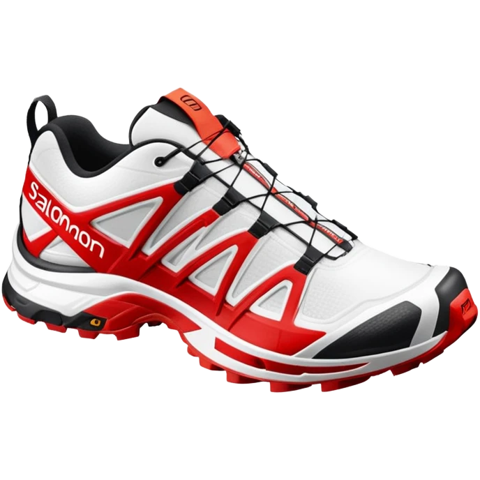 Ultra simplified white Salomon XT-6 shoes with just a red colored line across the middle, one behind the other, completely white design except for the colored center line emoji