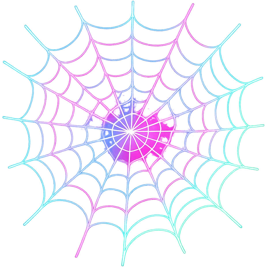 Make the web strands look like glowing lasers with vibrant neon colors, keeping the background transparent. Focus on glowing laser effect on the web strands. emoji