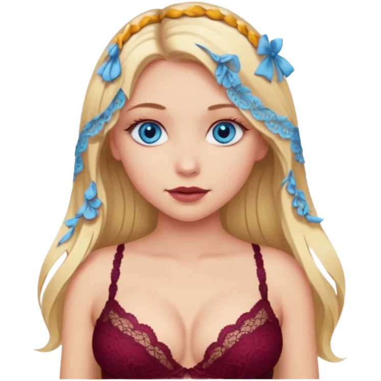A beautiful blue-eyed girl, blonde with long hair, wearing a burgundy lace bra through which her breasts are visible emoji