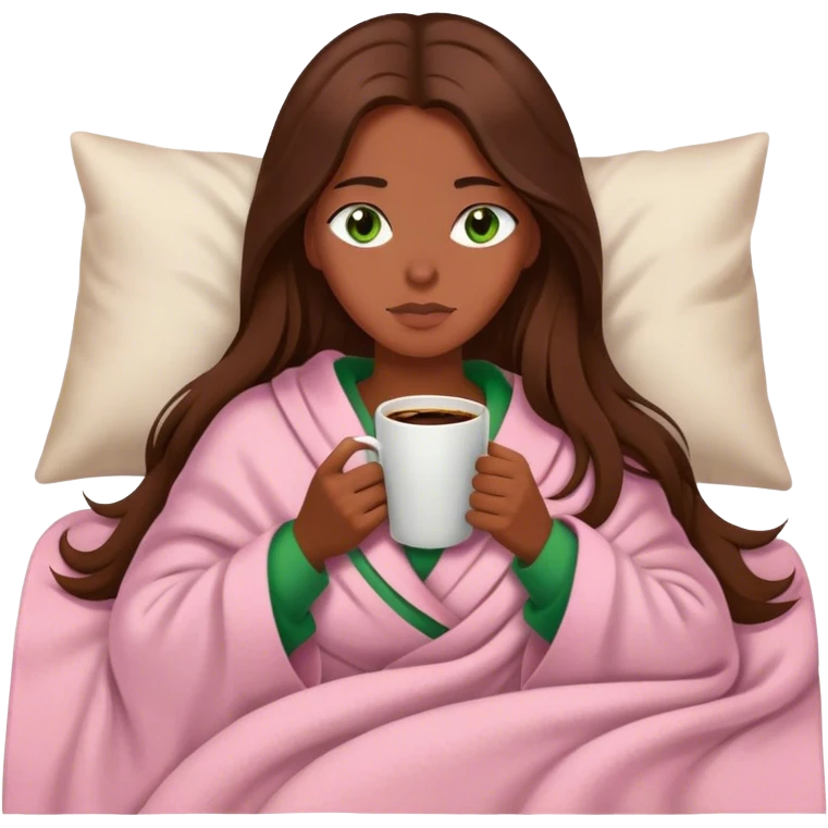 woman with very long brown hair and green eyes in a light pink blanket sleepy with coffee emoji