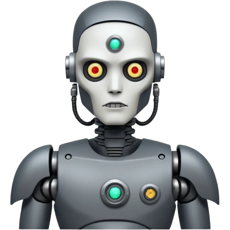 black metal Tatooed robot with radar, big many tatooes on chest, neck and face, white tatoo on face emoji