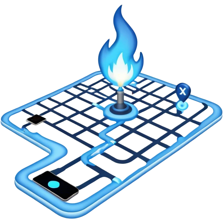 a map with a glowing blue flame on the x and networking paths emoji