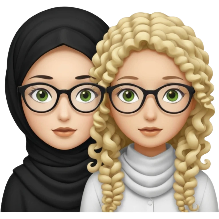 White hijabi girl with black eyes and black long hair white girl and black eyes wearing glasses and a white skin girl with curly honey hair and green eyes emoji