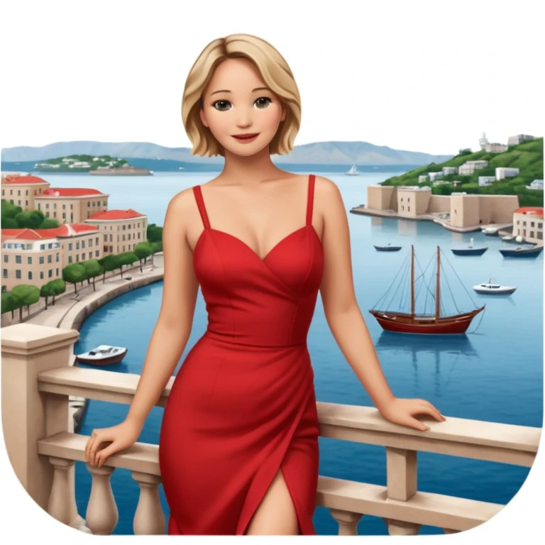jennifer lawrence, red dress leaning on a balcony with a harbor and cityscape in the background, smiling emoji