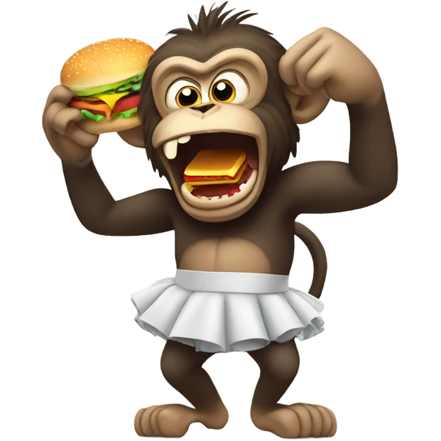 Mad monkey wearing a tutu and eating a burger emoji